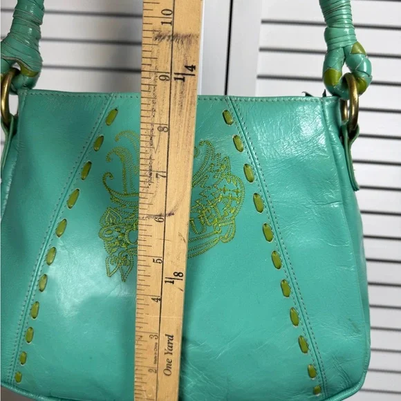 Vintage Consuela Leather Shoulder Tote Bag Teal With Colorful Flower Embroidery - Picture 13 of 16